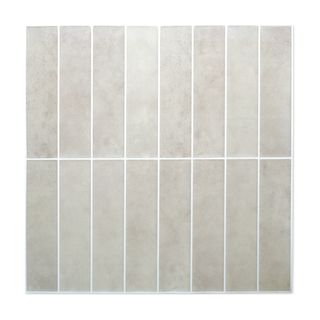 Vista frontal de azulejo autoadhesivo estilo columna Desierto Crema para cocina o baño.