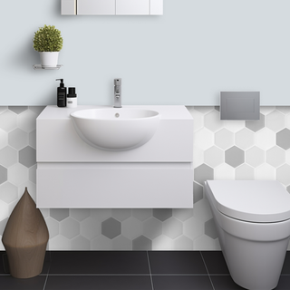 Infografía con medidas y beneficios del azulejo autoadhesivo estilo hexágonos Hexágono Grises.