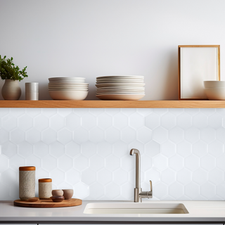 Azulejos autoadhesivos Hexágono Glaciar estilo hexágonos decorando pared de cocina elegante.