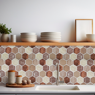 Azulejos autoadhesivos Hexágono Mármol Terracota estilo hexágonos decorando pared de cocina elegante.