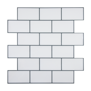 Vista frontal de azulejo autoadhesivo estilo ladrillo Halo Gris para cocina o baño.
