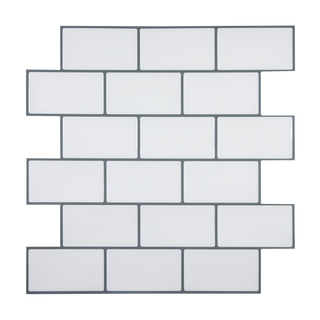 Vista frontal de azulejo autoadhesivo estilo ladrillo Halo Gris para cocina o baño.