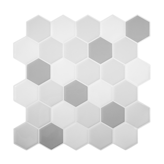 Vista frontal de azulejo autoadhesivo estilo hexágonos Hexágono Grises para cocina o baño.