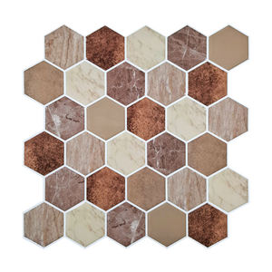 Vista frontal de azulejo autoadhesivo estilo hexágonos Hexágono Mármol Terracota para cocina o baño.