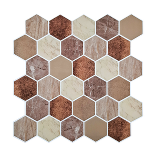 Vista frontal de azulejo autoadhesivo estilo hexágonos Hexágono Mármol Terracota para cocina o baño.