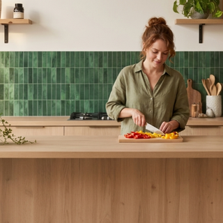 Cocina con instalación de Azulejo autoadhesivo material PVC estilo columna Verde Esmeralda 