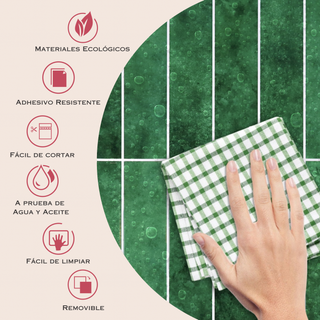Infografía con medidas y beneficios del azulejo autoadhesivo estilo columna Verde Esmeralda.