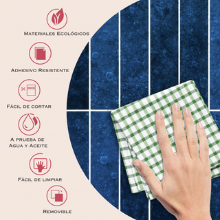 Infografía con medidas y beneficios del azulejo autoadhesivo estilo columna Azul Noche.