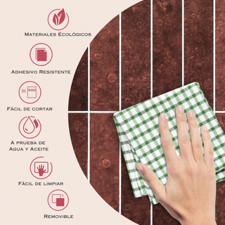 Infografía con medidas y beneficios del azulejo autoadhesivo estilo columna Caoba Rústica.