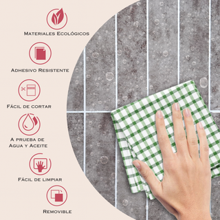 Infografía con medidas y beneficios del azulejo autoadhesivo estilo columna Ceniza Volcánica.
