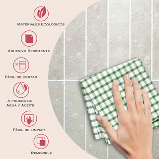 Infografía con medidas y beneficios del azulejo autoadhesivo estilo columna Desierto Crema.