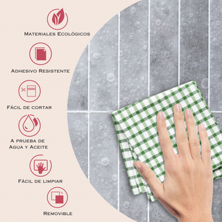 Infografía con beneficios del azulejo autoadhesivo estilo columna Gris Ártico.