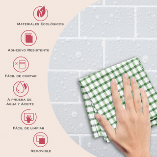 Infografía con medidas y beneficios del azulejo autoadhesivo estilo ladrillo Halo Blanco.