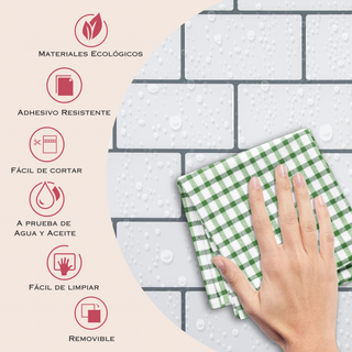 Infografía con medidas y beneficios del azulejo autoadhesivo estilo ladrillo Halo Gris.
