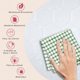Infografía con medidas y beneficios del azulejo autoadhesivo estilo hexágonos Hexágono Glaciar.