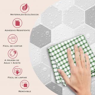 Detalle del acabado del azulejo autoadhesivo material PVC estilo hexágonos Hexágono Grises.