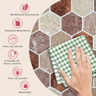 Infografía con medidas y beneficios del azulejo autoadhesivo estilo hexágonos Hexágono Mármol Terracota.