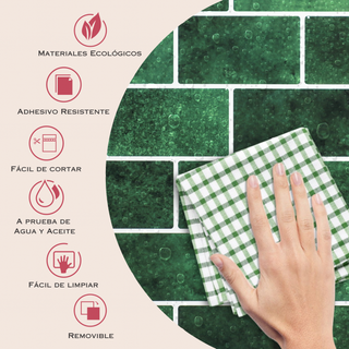 Infografía con medidas y beneficios del azulejo autoadhesivo estilo ladrillo Jade Urbano.