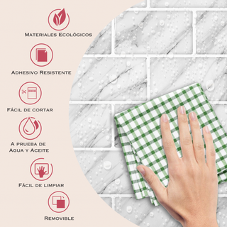 Infografía con medidas y beneficios del azulejo autoadhesivo estilo ladrillo Mármol Carrara.