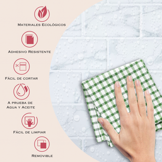 Infografía con medidas y beneficios del azulejo autoadhesivo estilo ladrillo Mármol Nube.