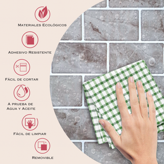 Infografía con medidas y beneficios del azulejo autoadhesivo estilo ladrillo Mármol Roca.