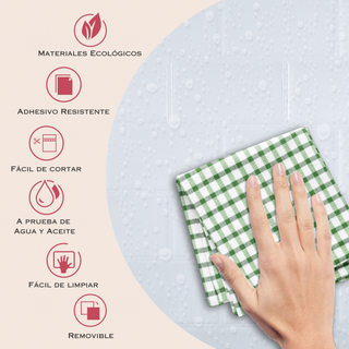 Infografía con medidas y beneficios del azulejo autoadhesivo estilo ladrillo Nube Clara.