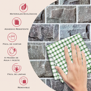 Infografía con medidas y beneficios del azulejo autoadhesivo estilo ladrillo Piedra Alpina.