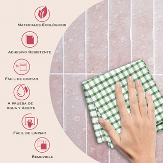 Infografía con medidas y beneficios del azulejo autoadhesivo estilo columna Rosa Antigua.