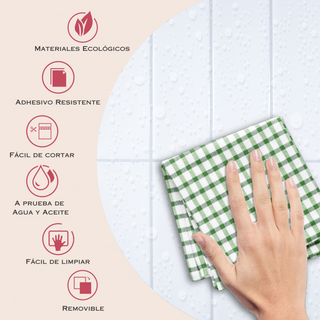 Infografía con medidas y beneficios del azulejo autoadhesivo estilo subway Subway Ártico.