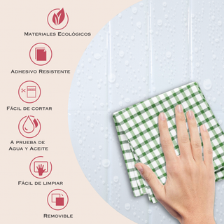 Infografía con medidas y beneficios del azulejo autoadhesivo estilo subway Subway Blanco.