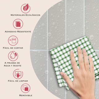 Infografía con medidas y beneficios del azulejo autoadhesivo estilo subway Subway Perla.