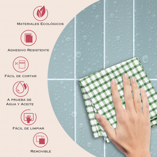 Infografía con medidas y beneficios del azulejo autoadhesivo estilo subway Subway Verde Olivo.