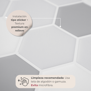 Detalle del acabado del azulejo autoadhesivo instalación tipo sticker estilo hexágonos Hexágono Grises.