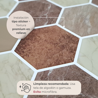 Detalle del acabado del azulejo autoadhesivo instalación tipo sticker  estilo hexágonos Hexágono Mármol Terracota.