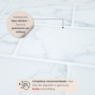 Detalle del acabado del azulejo autoadhesivo instalación tipo sticker estilo ladrillo Mármol Nube.
