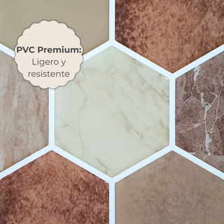 Detalle del acabado del azulejo autoadhesivo material PVC estilo hexágonos Hexágono Mármol Terracota.