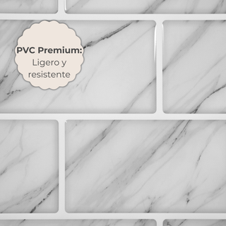 Detalle del acabado del azulejo autoadhesivo material PVC estilo ladrillo Mármol Carrara.