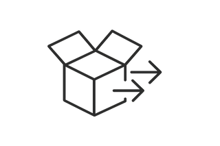 Minimal line icon of a delivery box opening with arrows, representing fast shipping. Elegant, modern, black outline, vector, flat, consistent line weight, premium style, transparent background.