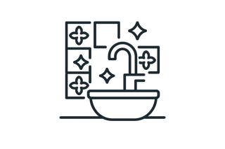 Minimal line icon of a modern sink with decorative tiles behind it, symbolizing home renovation and enjoyment. Elegant, modern, black outline, vector, flat, consistent line weight, premium style, transparent background.